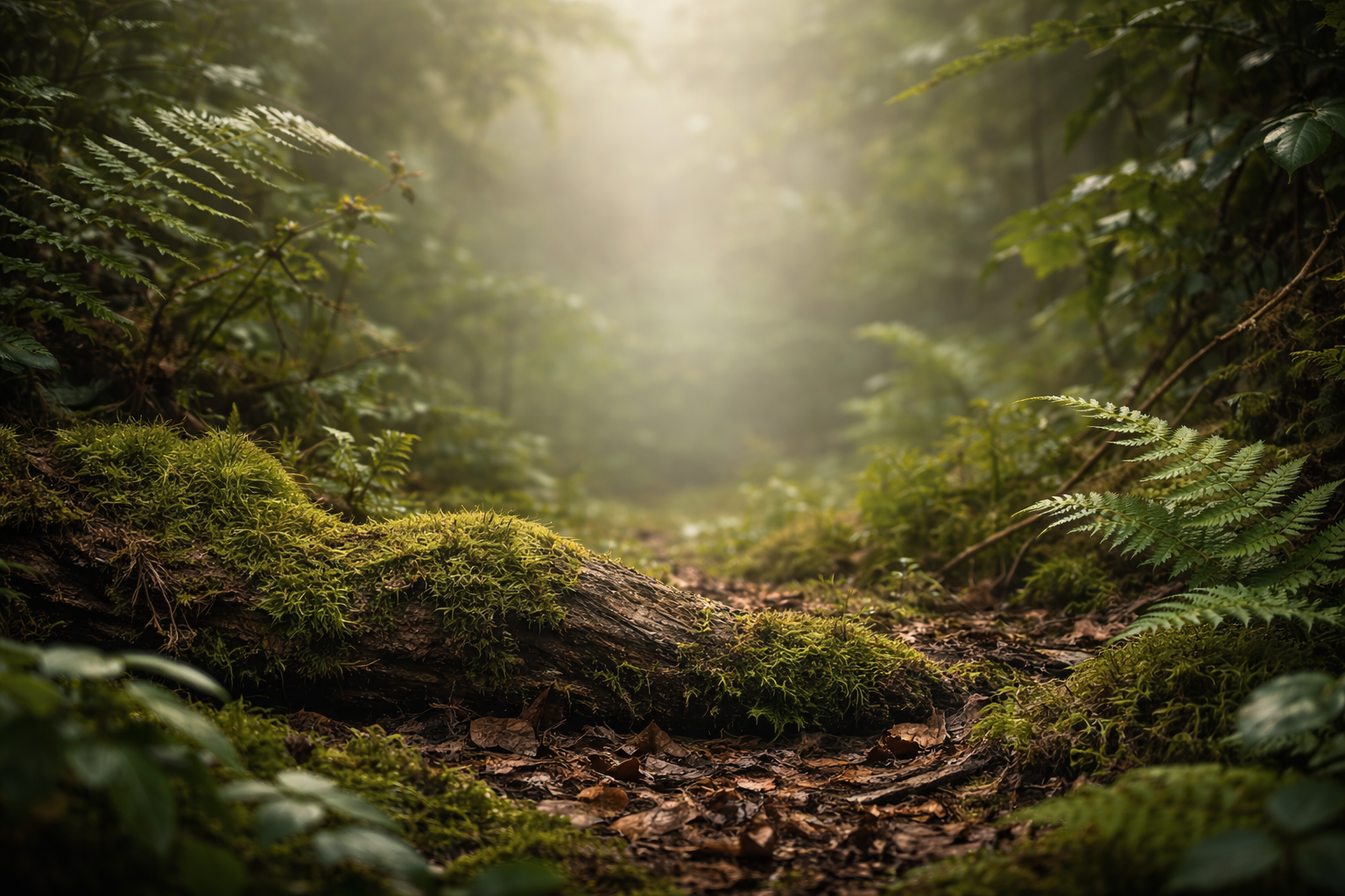 Mossy forest floor with sunlight filtering through the trees