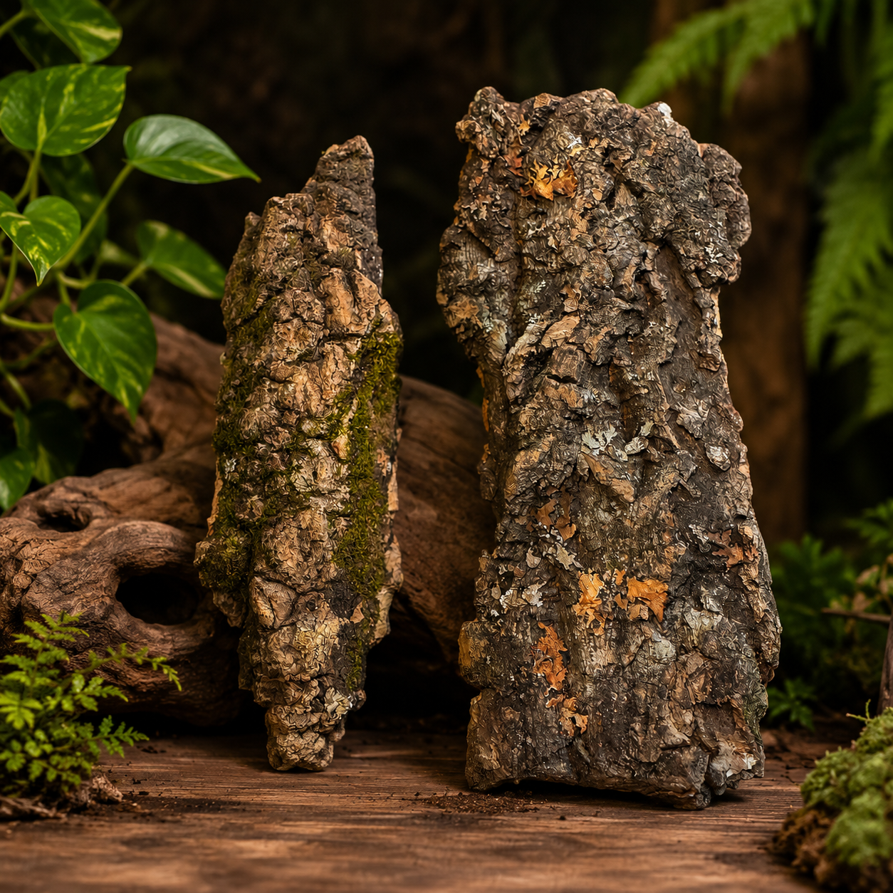 Two natural cork bark slabs displayed upright on a rustic wooden surface, surrounded by lush green plants, moss, and driftwood in a tropical terrarium-inspired setting. The textured bark pieces showcase their rugged, natural appearance against a warm, forest-themed background.