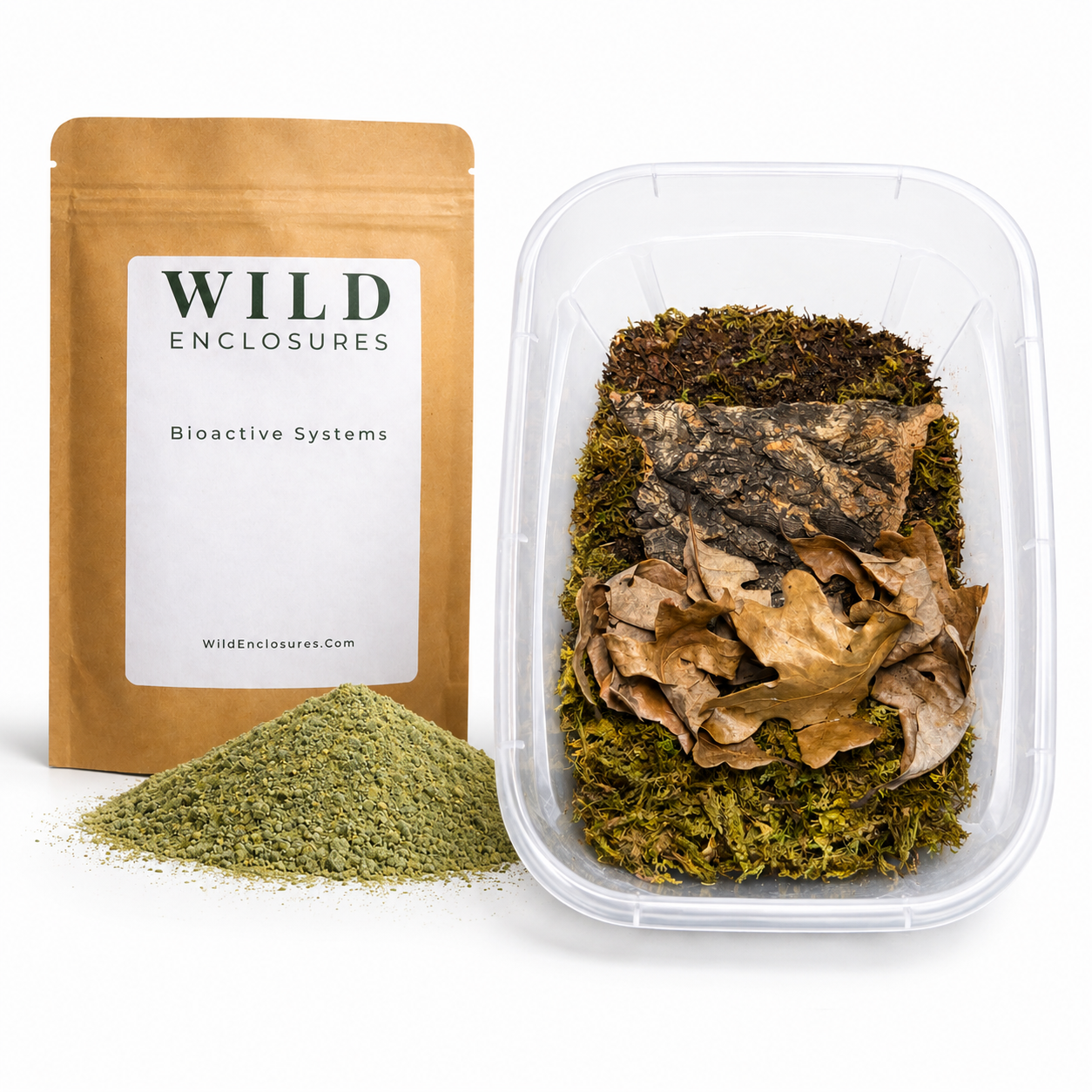 Wild Enclosures bioactive habitat kit featuring a pouch of green mineral supplement powder alongside a sample enclosure setup containing moss, cork bark, dried oak leaves, and bioactive substrate in a clear container, displayed on a clean white background.