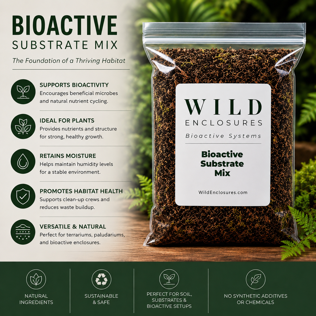 Informational graphic for Wild Enclosures Bioactive Substrate Mix featuring a sealed bag of substrate alongside key benefits including supporting bioactivity, plant growth, moisture retention, habitat health, and natural terrarium ecosystems. Nature-themed background with eco-friendly product icons and educational callouts.