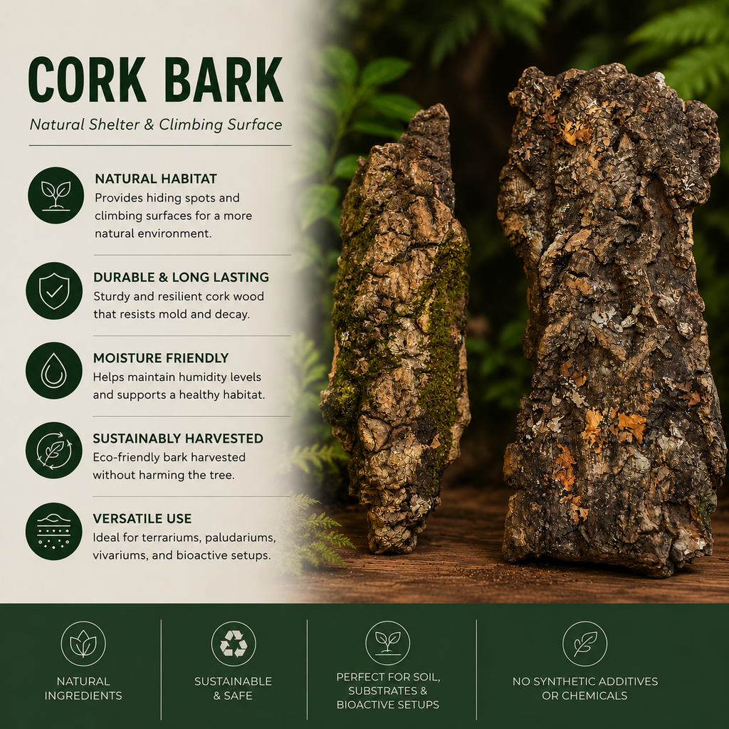 Infographic showcasing natural cork bark slabs for bioactive terrariums and vivariums. Two textured cork bark pieces are displayed in a lush tropical setting with plants and moss. The graphic highlights benefits including natural habitat enrichment, durability, moisture retention, sustainable harvesting, and versatile use in terrariums, paludariums, and bioactive enclosures. Wild Enclosures branding and eco-friendly feature icons are included.