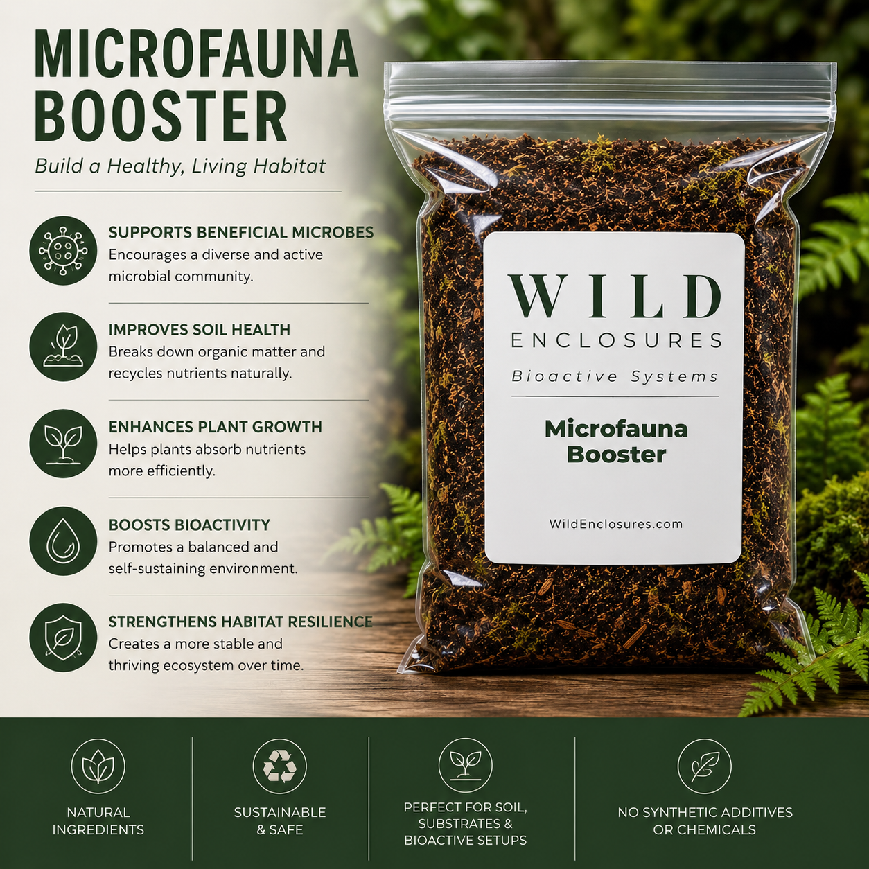 Informational infographic for Wild Enclosures Microfauna Booster featuring a clear bag of bioactive soil amendment in a natural terrarium setting. The graphic highlights key benefits including supporting beneficial microbes, improving soil health, enhancing plant growth, boosting bioactivity, and strengthening habitat resilience. Eco-friendly icons emphasize natural ingredients, sustainability, bioactive enclosure compatibility, and the absence of synthetic additives or chemicals.