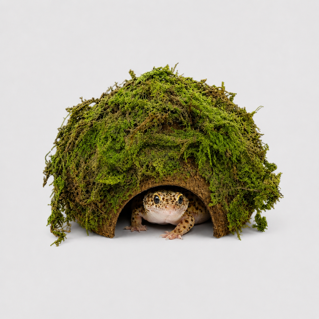 Moss-covered reptile hide with a leopard gecko peeking out from the entrance on a clean white background, featuring lush green moss texture and natural earthy tones in a studio-style product photo.