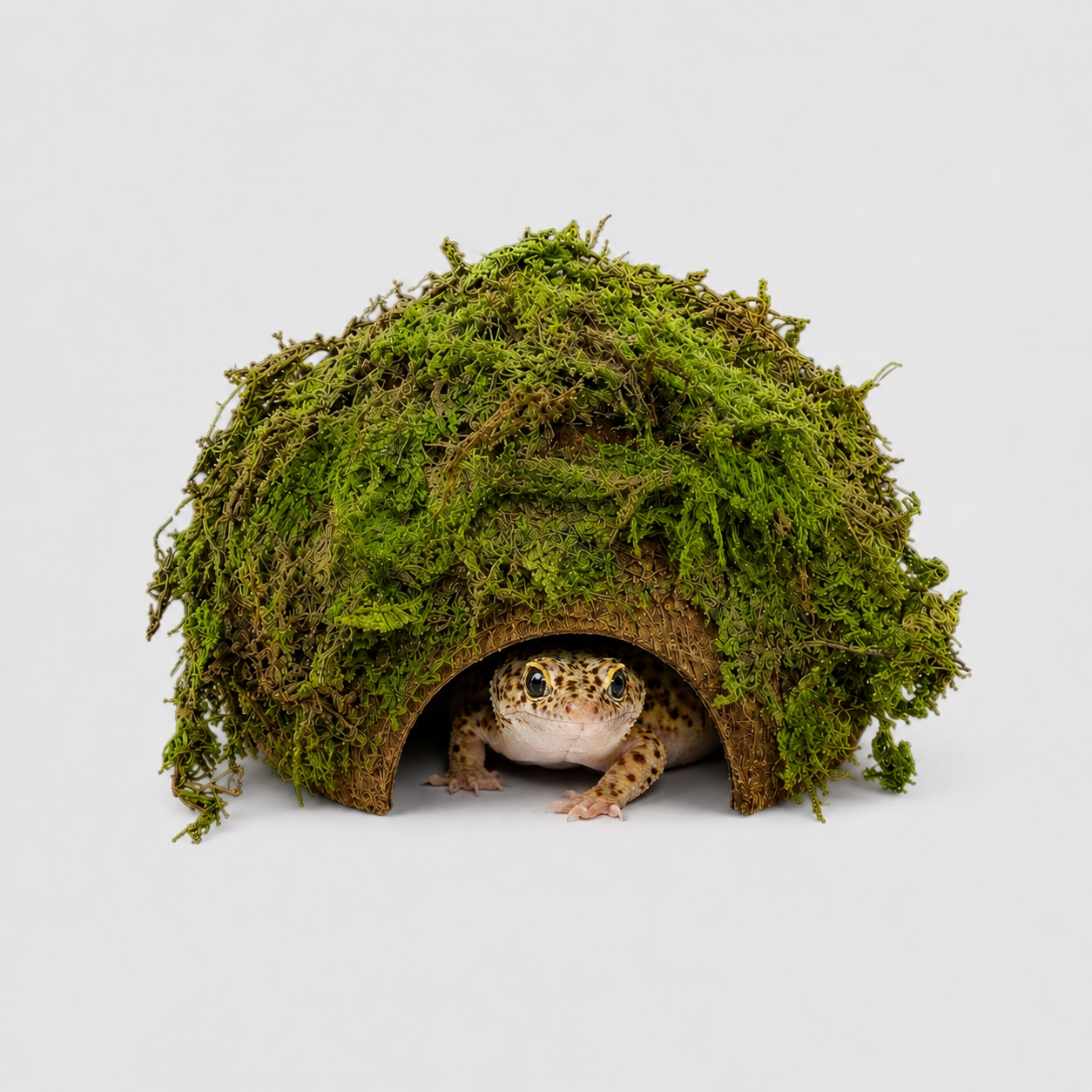 Moss-covered reptile hide with a leopard gecko peeking out from the entrance on a clean white background, featuring lush green moss texture and natural earthy tones in a studio-style product photo.
