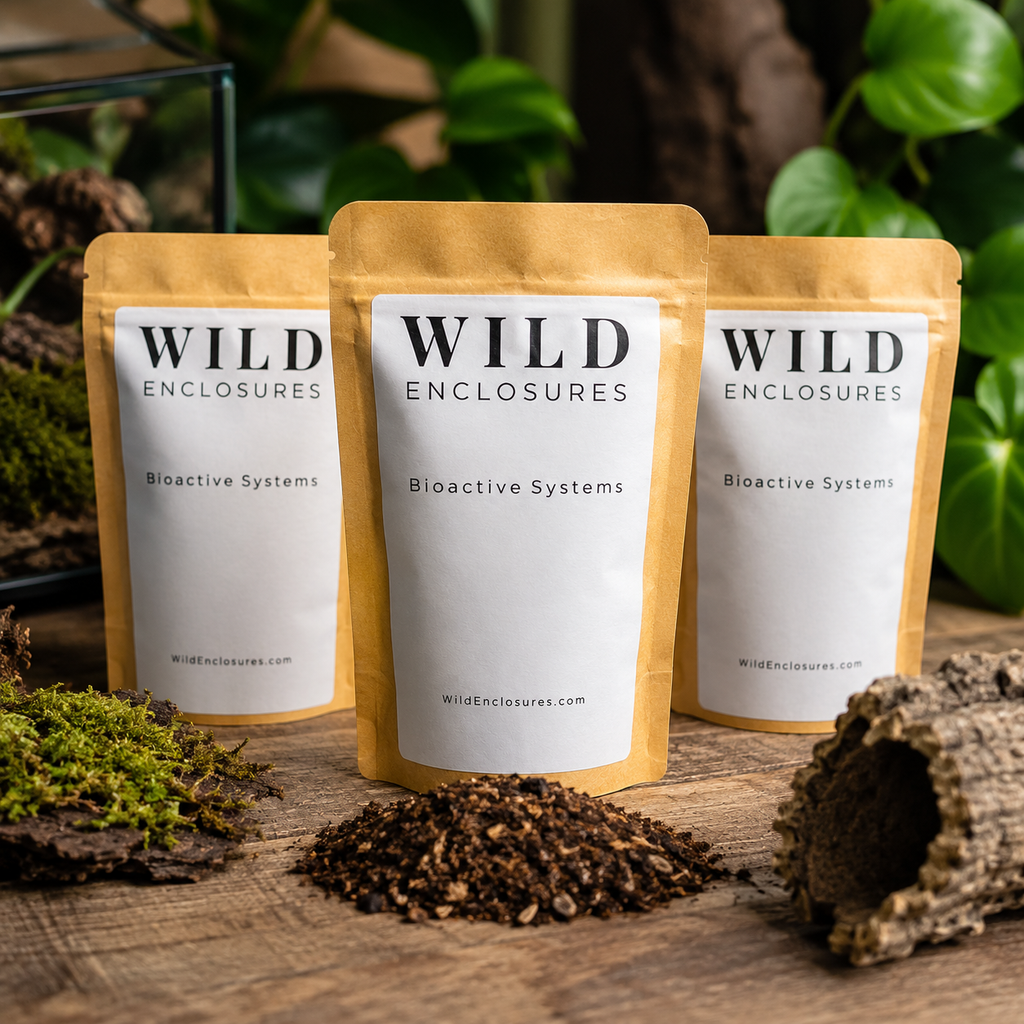 Three Wild Enclosures Bioactive Systems pouches displayed on a rustic wood surface with bioactive substrate, moss, cork bark, and lush terrarium plants in the background, showcasing natural vivarium and isopod enclosure supplies.
