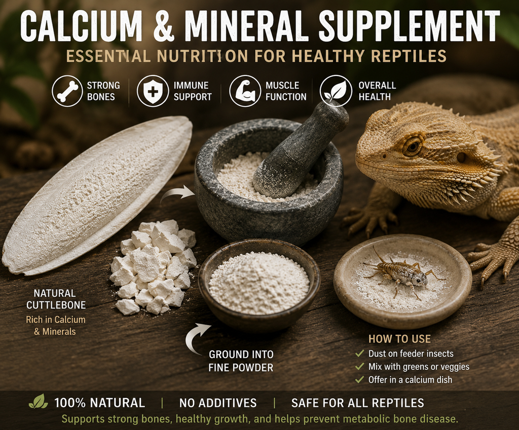 Reptile calcium and mineral supplement infographic featuring cuttlebone, crushed calcium pieces, ground calcium powder, feeder insect dusting dish, and a bearded dragon on a natural wooden background.
