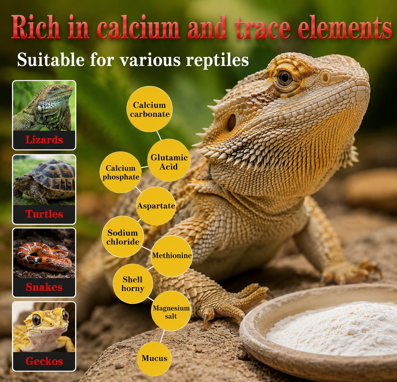 Reptile calcium supplement infographic featuring a bearded dragon, calcium powder dish, and nutrient ingredient callouts for lizards, turtles, snakes, and geckos