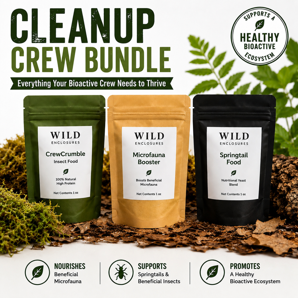 Cleanup Crew Bundle for bioactive terrariums featuring Wild Enclosures CrewCrumble isopod food, Microfauna Booster, and Springtail Food in resealable pouches displayed on leaf litter with live isopods and springtails, designed to support healthy bioactive vivariums and cleanup crews.