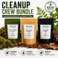 Cleanup Crew Bundle for bioactive terrariums featuring Wild Enclosures CrewCrumble isopod food, Microfauna Booster, and Springtail Food in resealable pouches displayed on leaf litter with live isopods and springtails, designed to support healthy bioactive vivariums and cleanup crews.