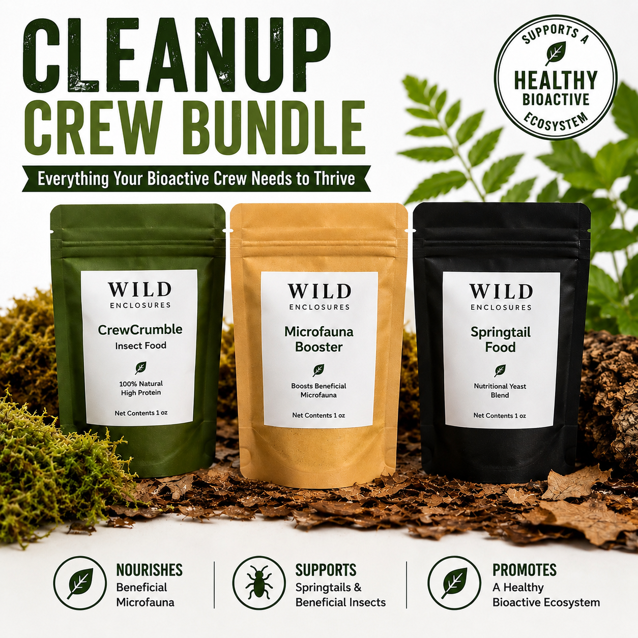 Cleanup Crew Bundle for bioactive terrariums featuring Wild Enclosures CrewCrumble isopod food, Microfauna Booster, and Springtail Food in resealable pouches displayed on leaf litter with live isopods and springtails, designed to support healthy bioactive vivariums and cleanup crews.