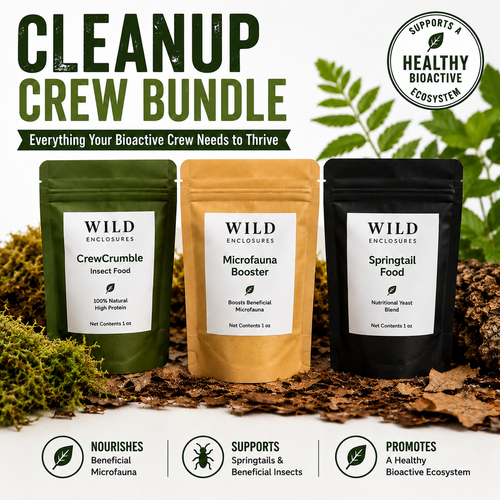 Cleanup Crew Bundle for bioactive terrariums featuring Wild Enclosures CrewCrumble isopod food, Microfauna Booster, and Springtail Food in resealable pouches displayed on leaf litter with live isopods and springtails, designed to support healthy bioactive vivariums and cleanup crews.