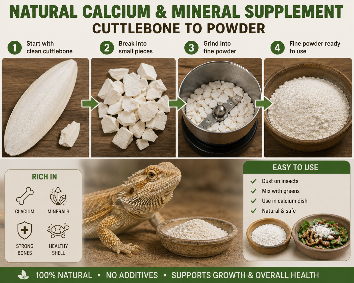 Infographic showing cuttlebone being broken down and ground into fine calcium powder for reptile calcium and mineral supplements, featuring step-by-step preparation images and a bearded dragon beside a calcium dish.