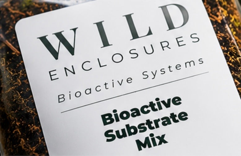Close-up of Wild Enclosures Bioactive Substrate Mix packaging label on a resealable bag. The premium substrate blend is designed for bioactive terrariums, vivariums, isopod habitats, springtail cultures, reptile enclosures, amphibian setups, and tropical plant ecosystems.
