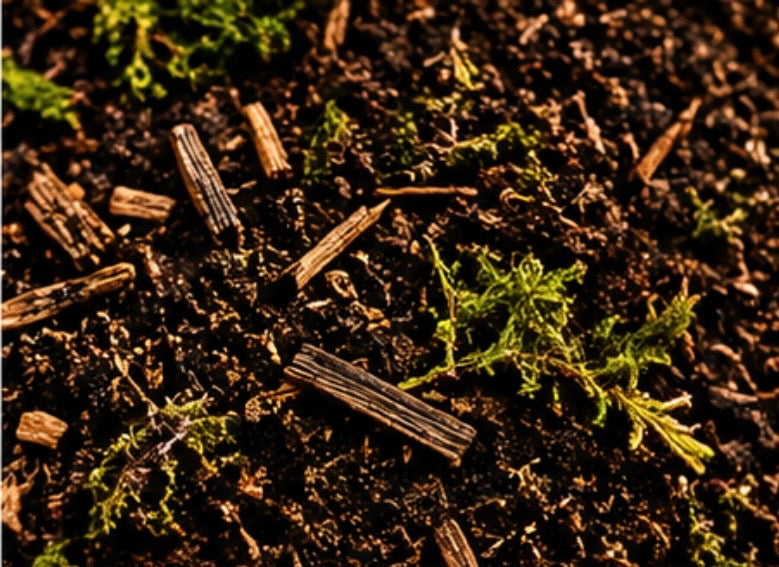 Macro close-up of Wild Enclosures Bioactive Substrate Mix showing organic soil, decomposed wood, bark pieces, and sphagnum moss. This nutrient-rich substrate supports beneficial microfauna, moisture retention, plant growth, and healthy bioactive terrarium and vivarium ecosystems