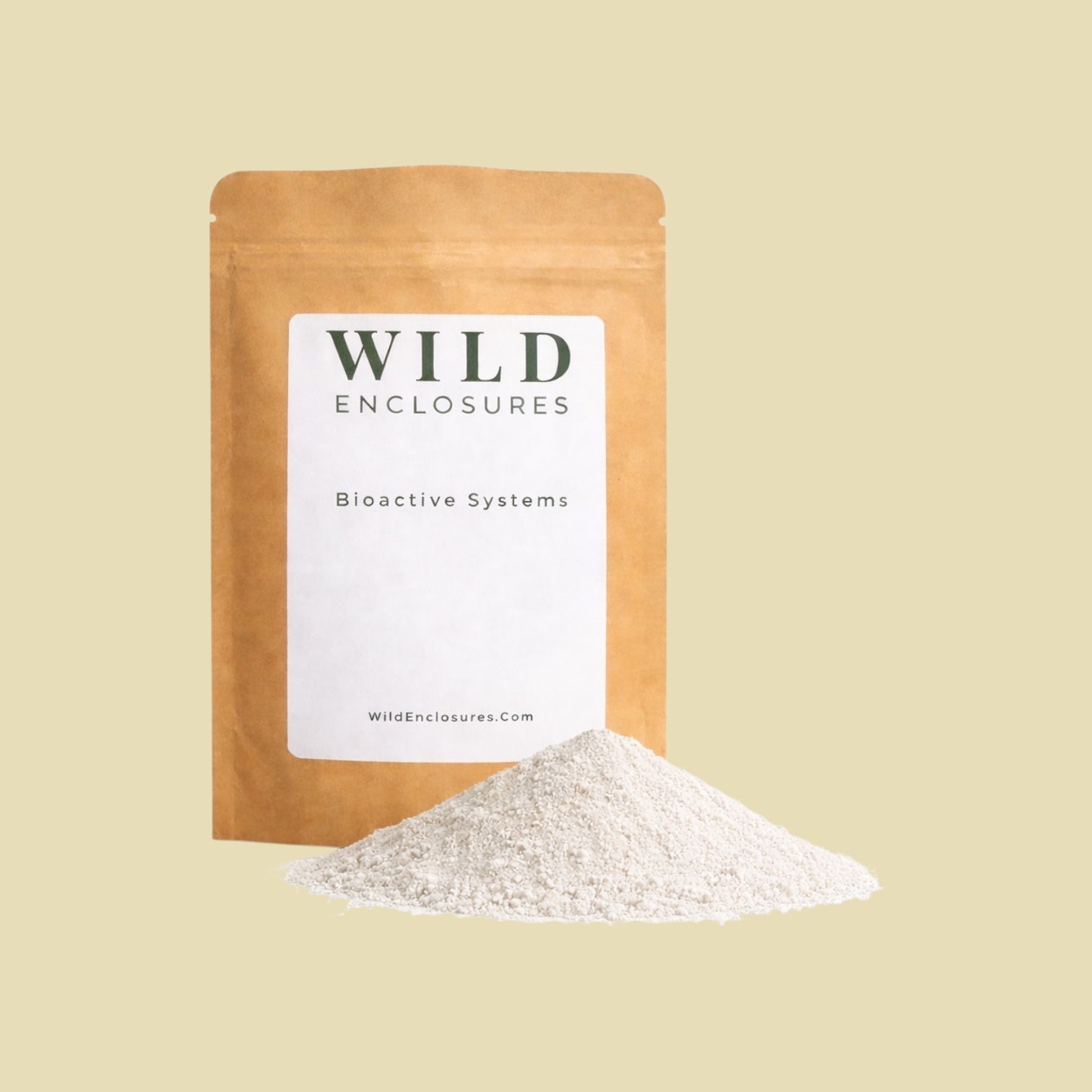 Kraft stand-up pouch labeled “Wild Enclosures – Bioactive Systems” on a white background with a small pile of Calcium & Reptile Supplement displayed in front of the bag.