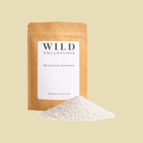 Kraft stand-up pouch labeled “Wild Enclosures – Bioactive Systems” on a white background with a small pile of Calcium & Reptile Supplement displayed in front of the bag.