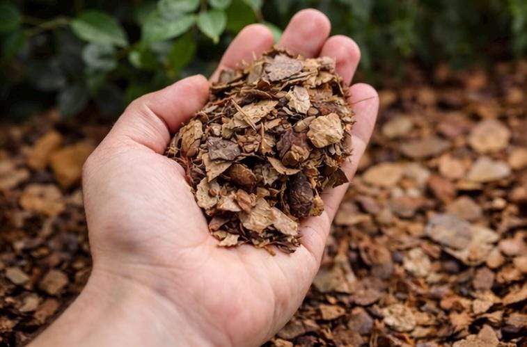 Hand holding a small pile of mixed hardwood leaf litter outdoors, showing varied leaf sizes and natural textures