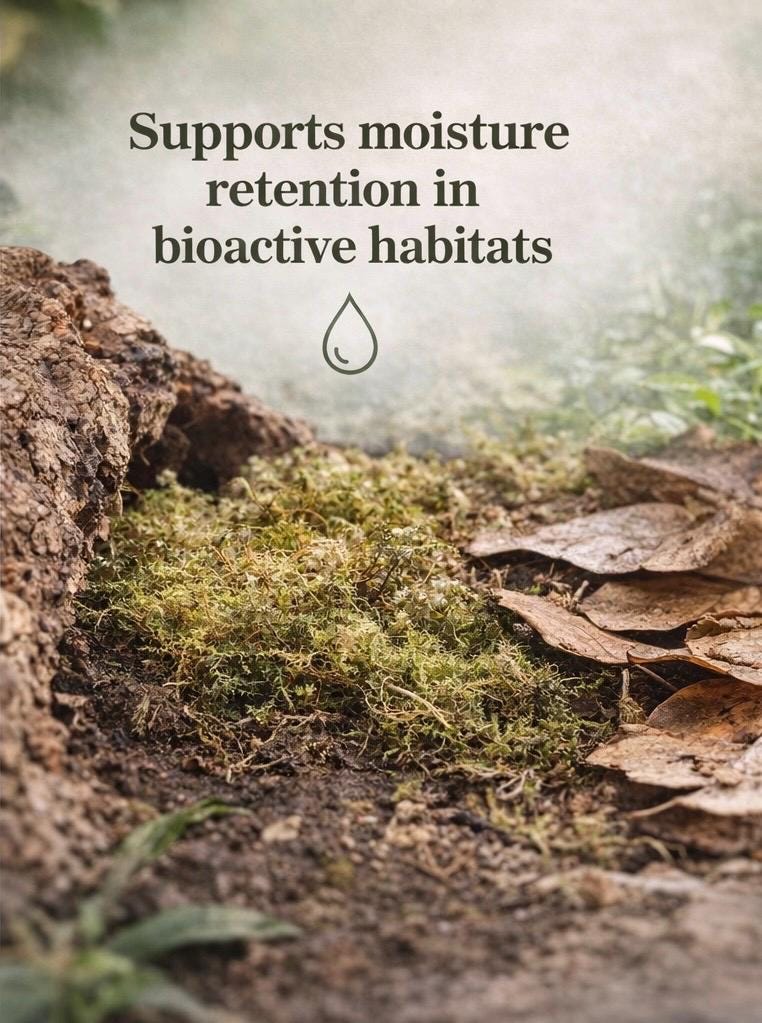 Bioactive moss supporting moisture retention in natural bioactive terrarium substrate