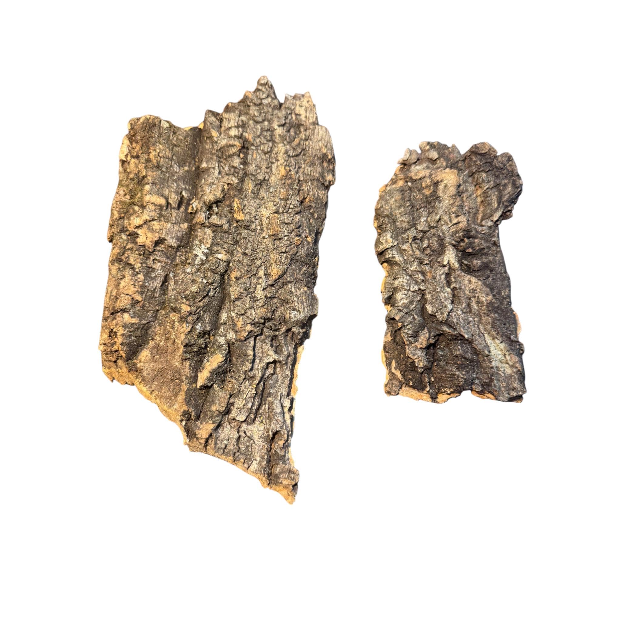 Two pieces of cork bark with a rough, textured surface. The bark is primarily brown with lighter tan and gray patches. The pieces have irregular shapes and are set against a white background.