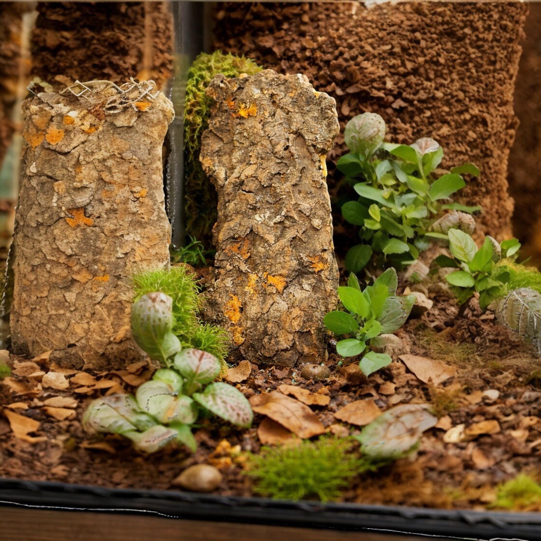 A miniature terrarium with a naturalistic design. The scene features textured,  cork bark hides, green plants, moss, and small leaves. The color palette includes browns, greens, and hints of yellow, creating a miniature ecosystem.
