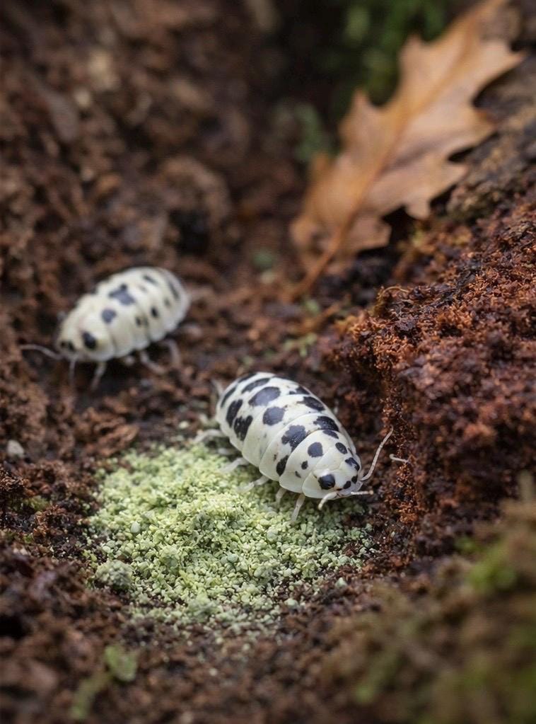 Dairy Cow isopods (Porcellio laevis) feeding on green mineral supplement powder in moist bioactive terrarium substrate with oak leaf litter.