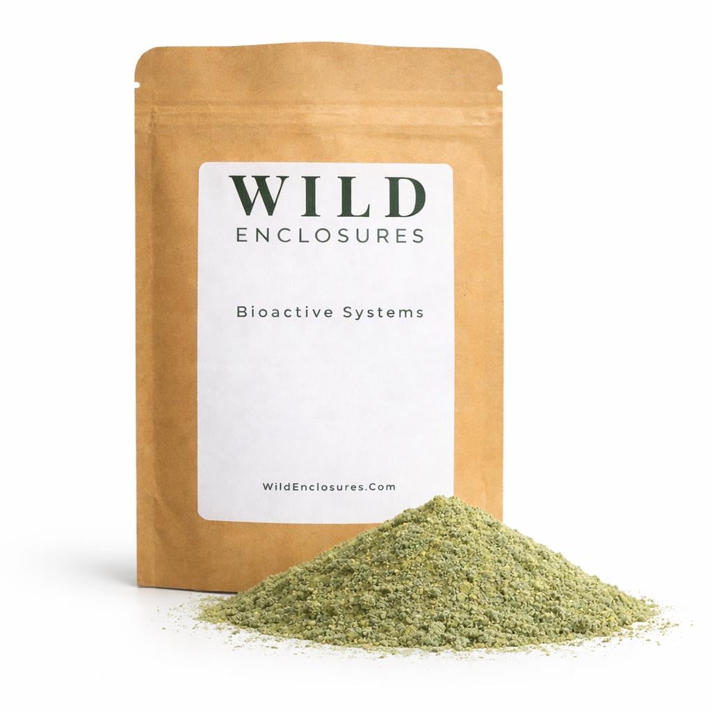 Wild Enclosures Bioactive Systems calcium and mineral supplement in kraft pouch with mound of green isopod food powder on white background.