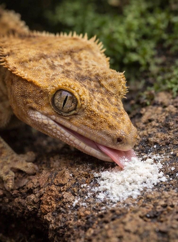 Close-up of a crested gecko licking a small pile of calcium powder from natural soil inside a bioactive enclosure.