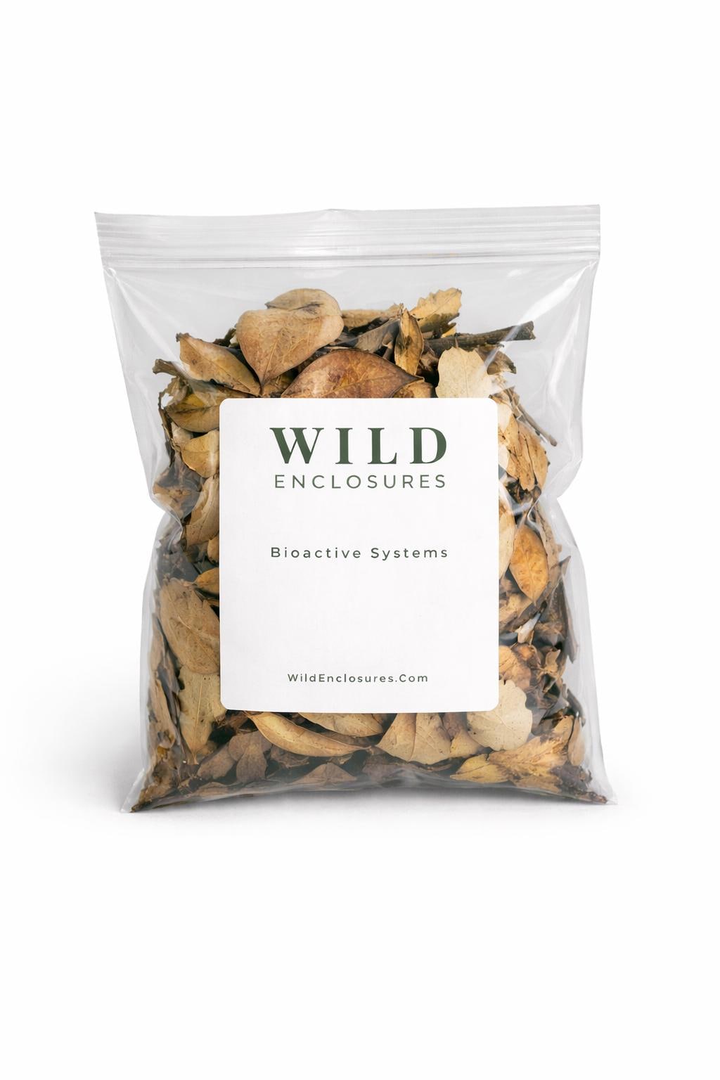 Clear zip bag of hardwood leaf litter blend featuring dried maple and white oak leaves, labeled Wild Enclosures Bioactive Systems, displayed on a white background.