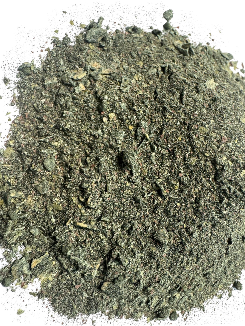 Isopod and springtail food blend powder with natural plant-based ingredients on white background