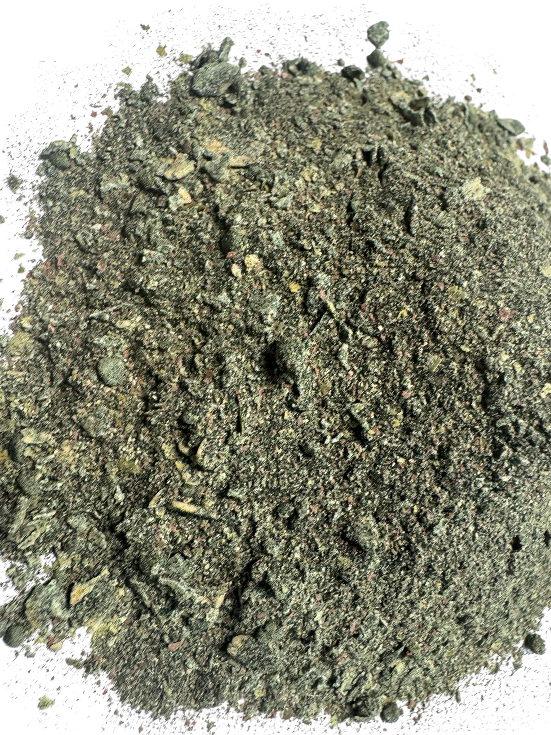 Isopod and springtail food blend powder with natural plant-based ingredients on white background