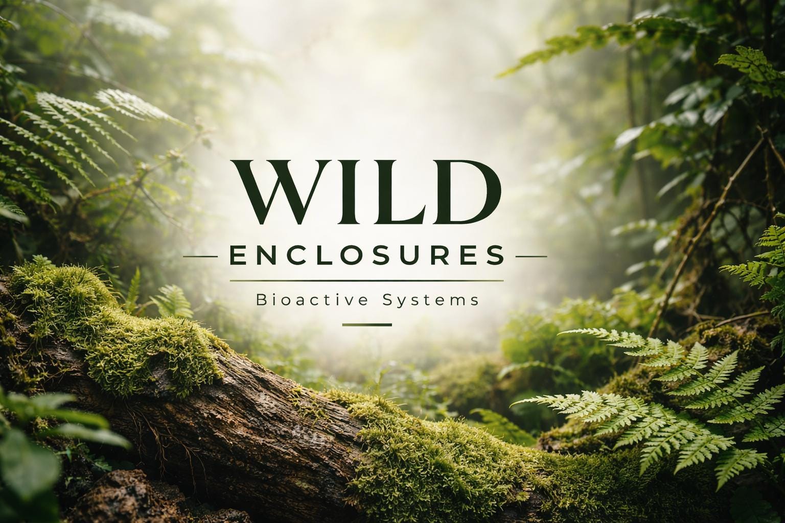Forest scene with moss-covered log and ferns, overlaid with “Wild Enclosures – Bioactive Systems” branding text in dark green.