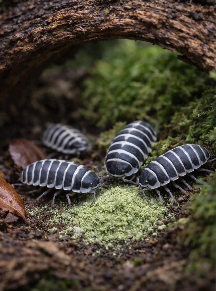 Zebra isopods (Armadillidium maculatum) gathered under driftwood feeding on green calcium and mineral powder in a natural bioactive enclosure.