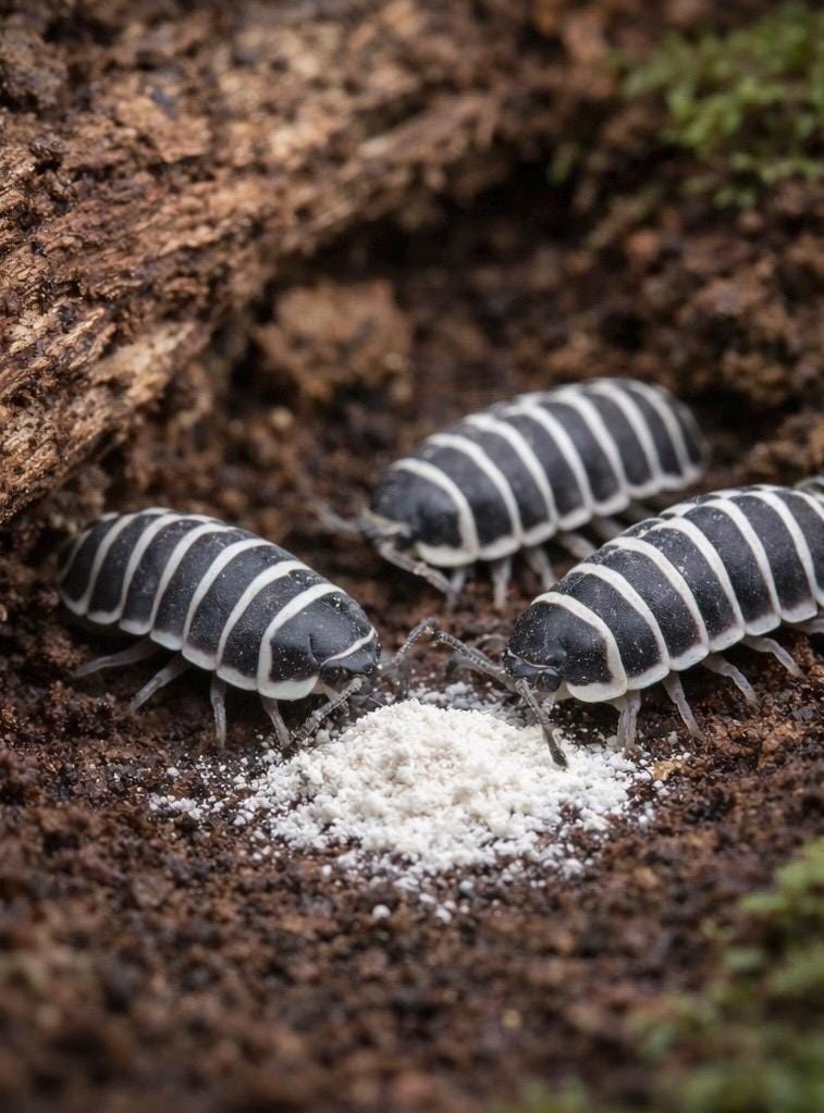 Three black-and-white striped isopods feeding on a small pile of calcium and mineral powder in moist bioactive substrate inside a natural enclosure.