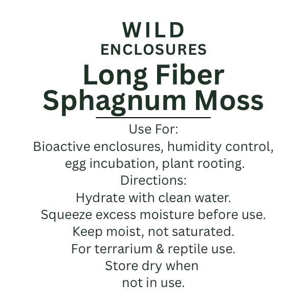Product information graphic for Wild Enclosures Long Fiber Sphagnum Moss with usage instructions for bioactive enclosures, humidity control, egg incubation, and plant rooting.