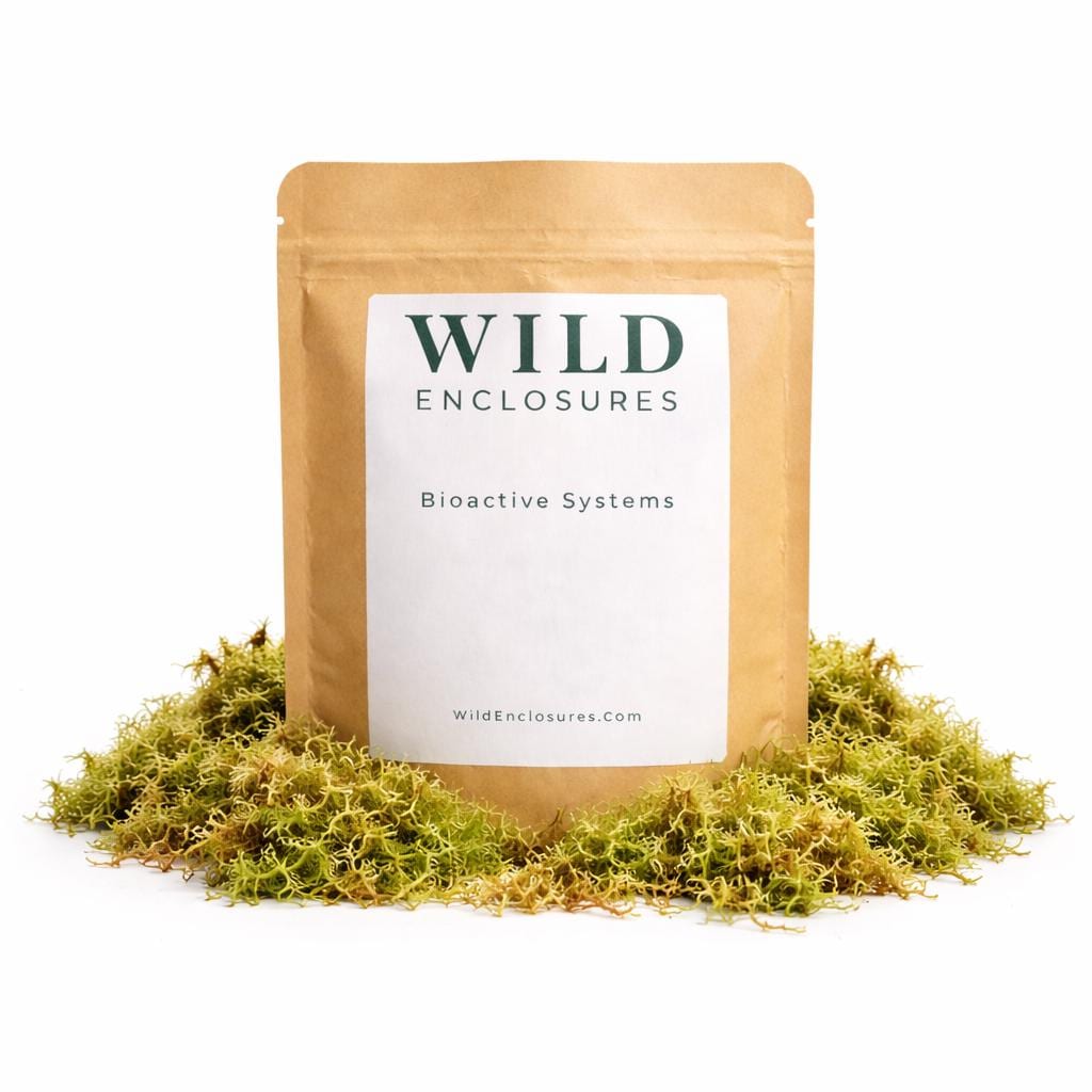 Stand-up kraft pouch labeled “Wild Enclosures – Bioactive Systems” displayed on a white background, surrounded by loose natural sphagnum moss.