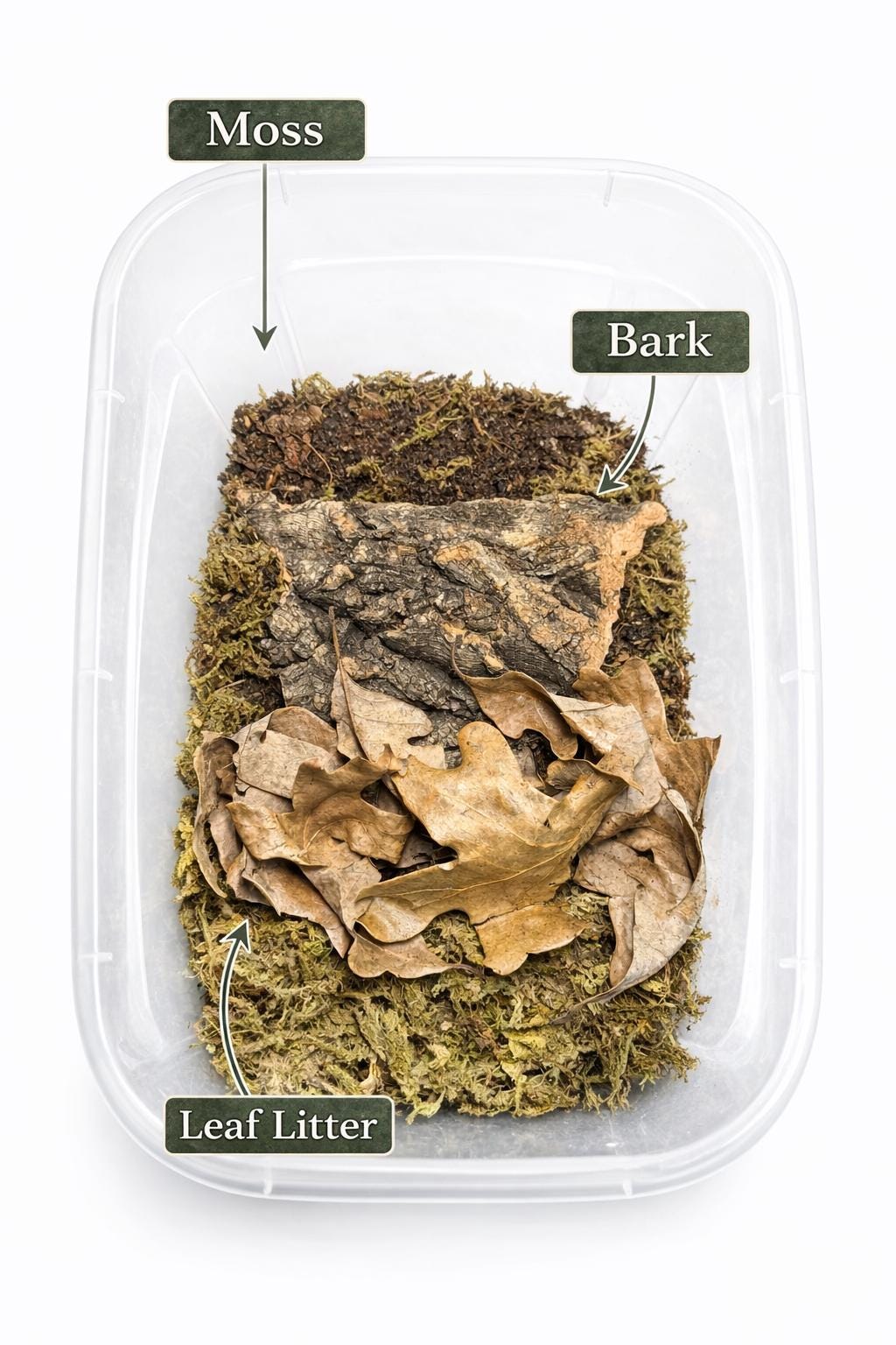 Bioactive terrarium kit with moss base, soil mix, bark, and leaf litter labeled in container for isopods, springtails, and reptile setups