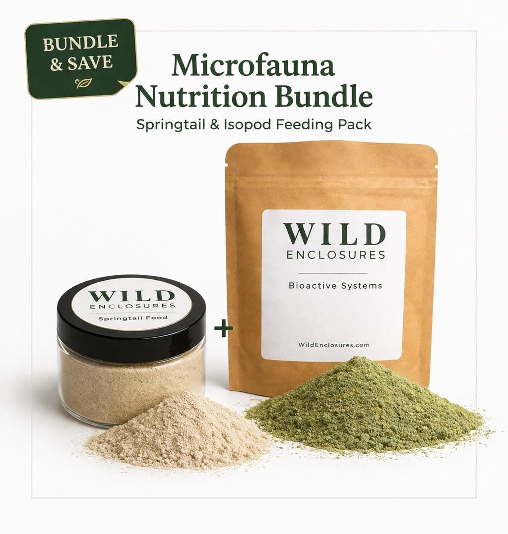 Microfauna nutrition bundle including springtail food jar and bioactive substrate mix for isopods, reptiles, and terrarium habitats