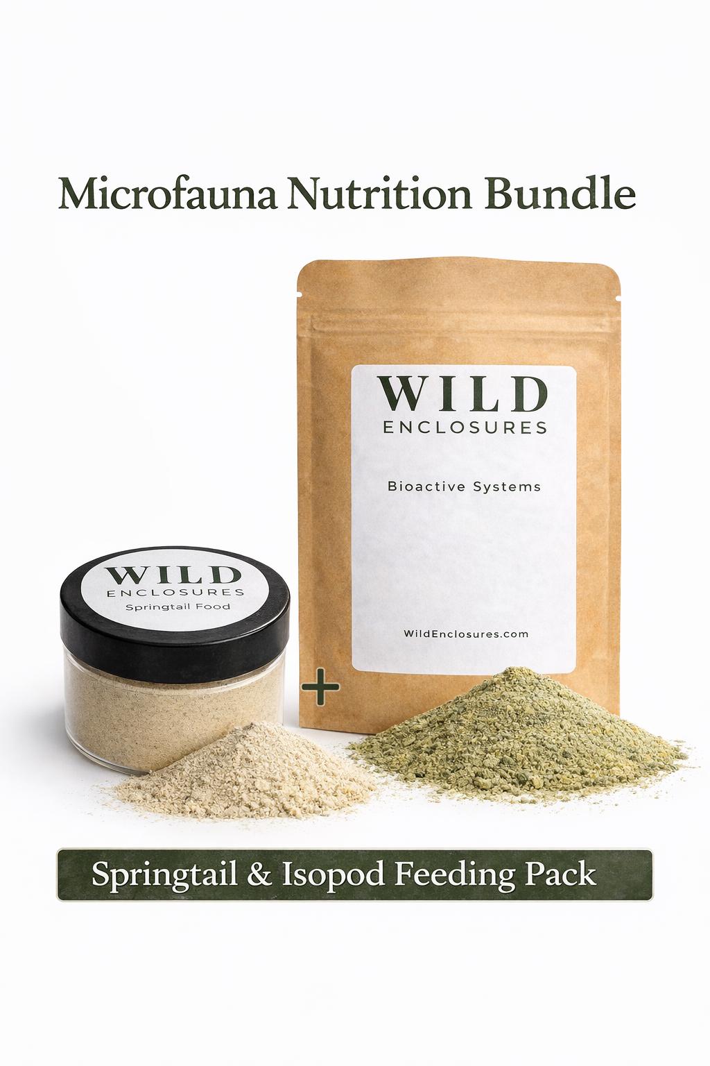 Bioactive terrarium food bundle with springtail culture food and isopod substrate for vivarium and reptile cleanup crew ecosystems
