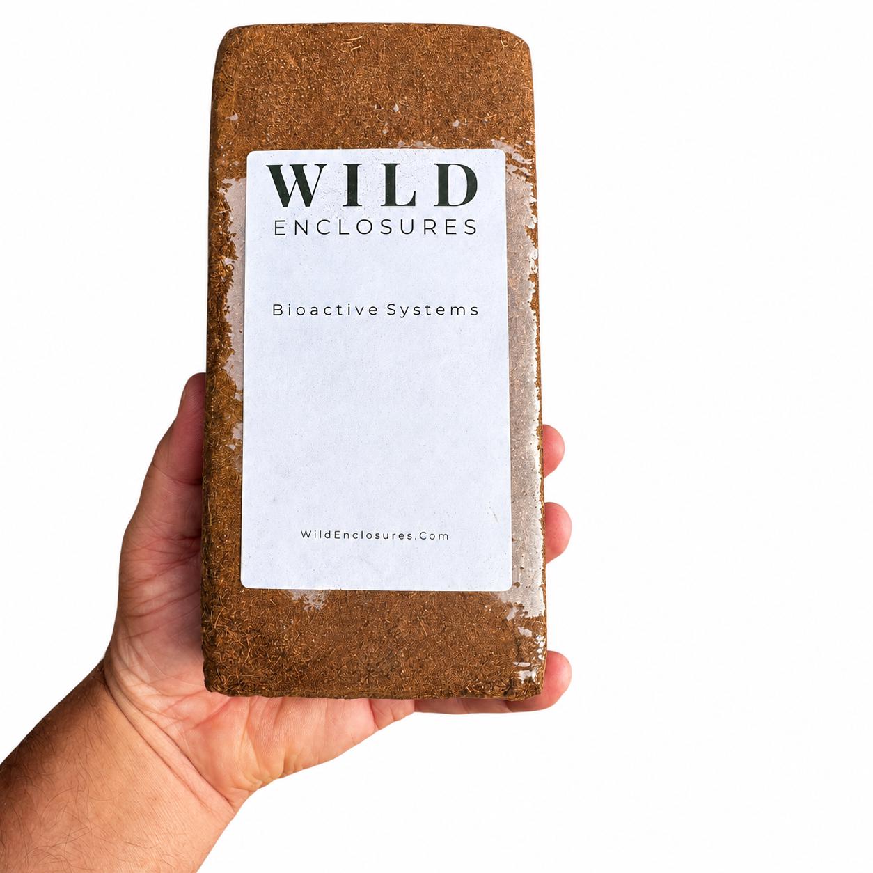 Hand holding Wild Enclosures compressed coconut coir brick with white label on clean background, premium natural coco fiber substrate for reptiles, plants, terrariums, and vivariums