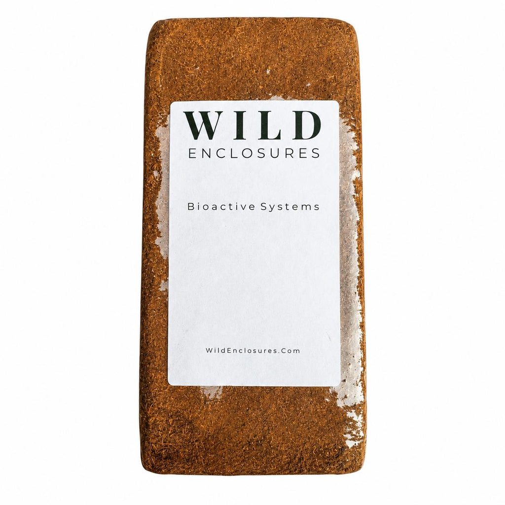 Wild Enclosures compressed coconut coir brick on white background with bioactive systems label, natural coco fiber substrate for reptiles, terrariums, plants, isopods, and vivariums