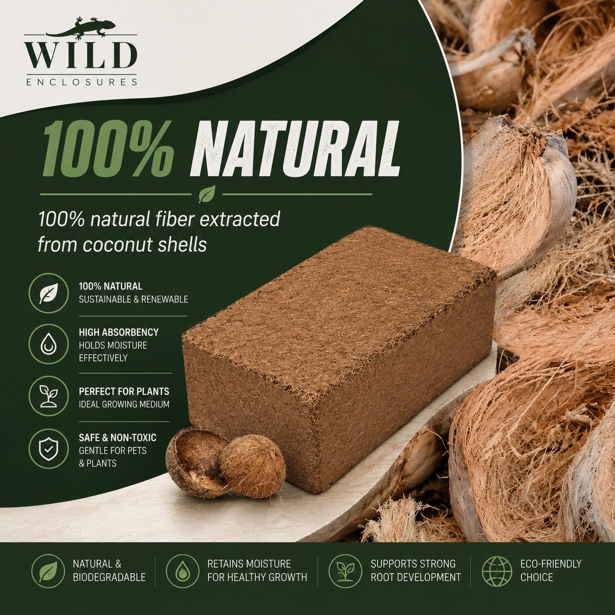 Wild Enclosures 100 percent natural coconut coir infographic featuring compressed coco fiber brick made from coconut shells for terrariums, reptiles, tropical plants, and bioactive setups
