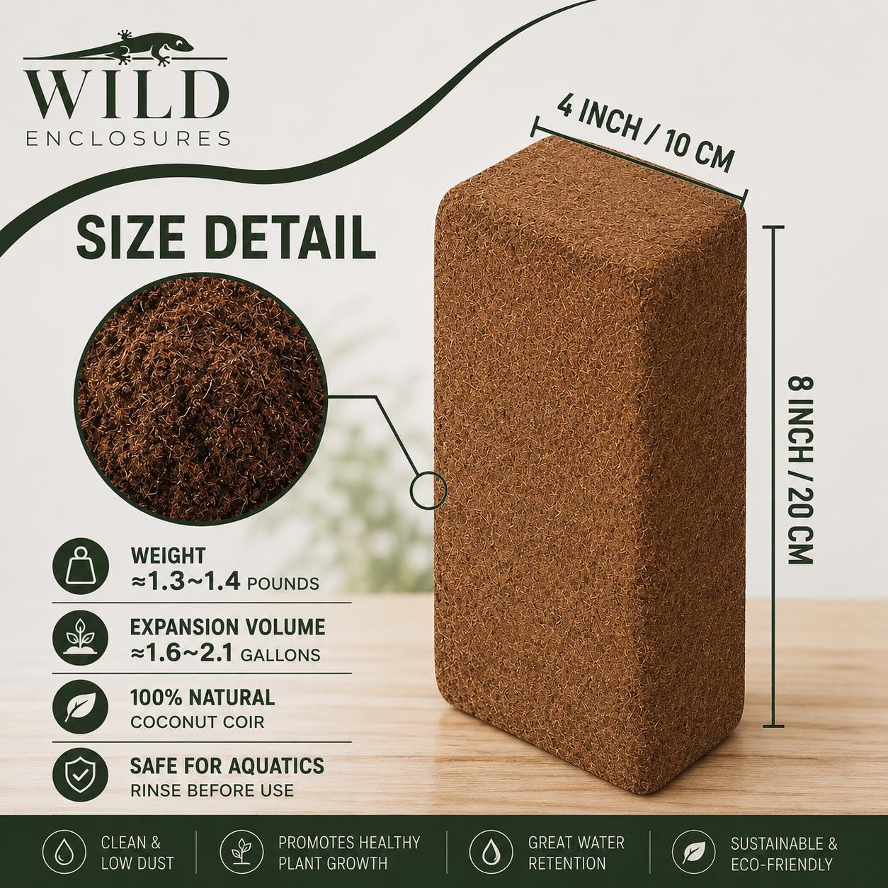 Wild Enclosures coconut coir brick size detail infographic showing dimensions, expansion volume, weight, and natural coco coir substrate features for bioactive enclosures and plants