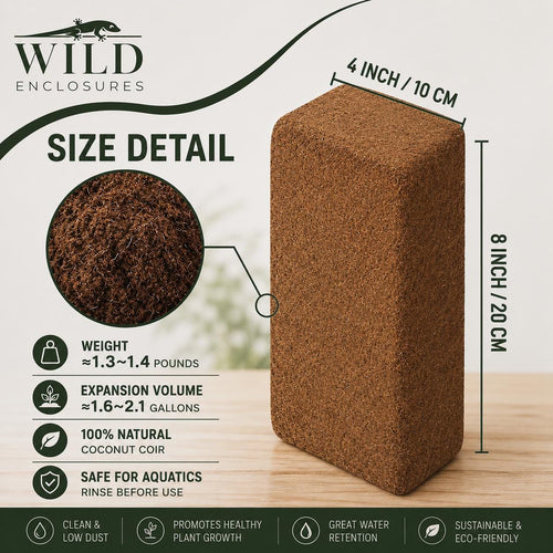 Wild Enclosures coconut coir brick size detail infographic showing dimensions, expansion volume, weight, and natural coco coir substrate features for bioactive enclosures and plants