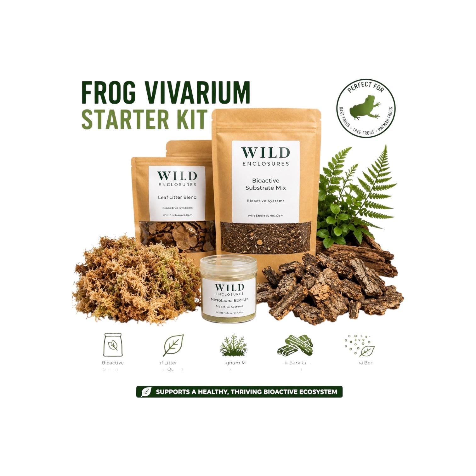Frog vivarium starter kit with bioactive substrate mix, leaf litter blend, sphagnum moss, cork bark chips, and microfauna booster displayed on a white background. Natural terrarium supplies for dart frogs, tree frogs, pacman frogs, and bioactive enclosures.