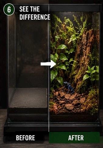 Before and after comparison showing an empty terrarium transformed into a lush bioactive frog vivarium with plants, moss, leaf litter, and cork bark.
