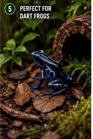 Blue poison dart frog resting among leaf litter, moss, and cork bark inside a naturalistic bioactive vivarium setup.