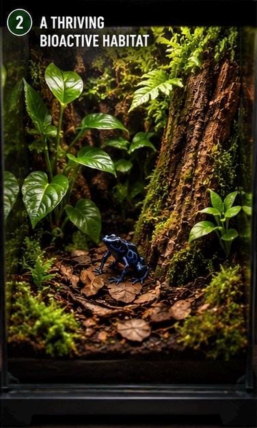 Natural frog vivarium featuring lush tropical plants, cork bark, moss, leaf litter, and a blue dart frog in a thriving bioactive terrarium ecosystem.