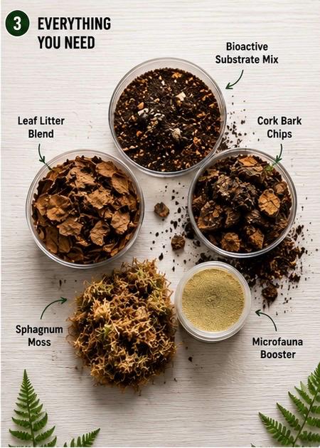 Top-down view of frog vivarium kit components including bioactive substrate mix, leaf litter, cork bark chips, sphagnum moss, and microfauna booster on a white background.