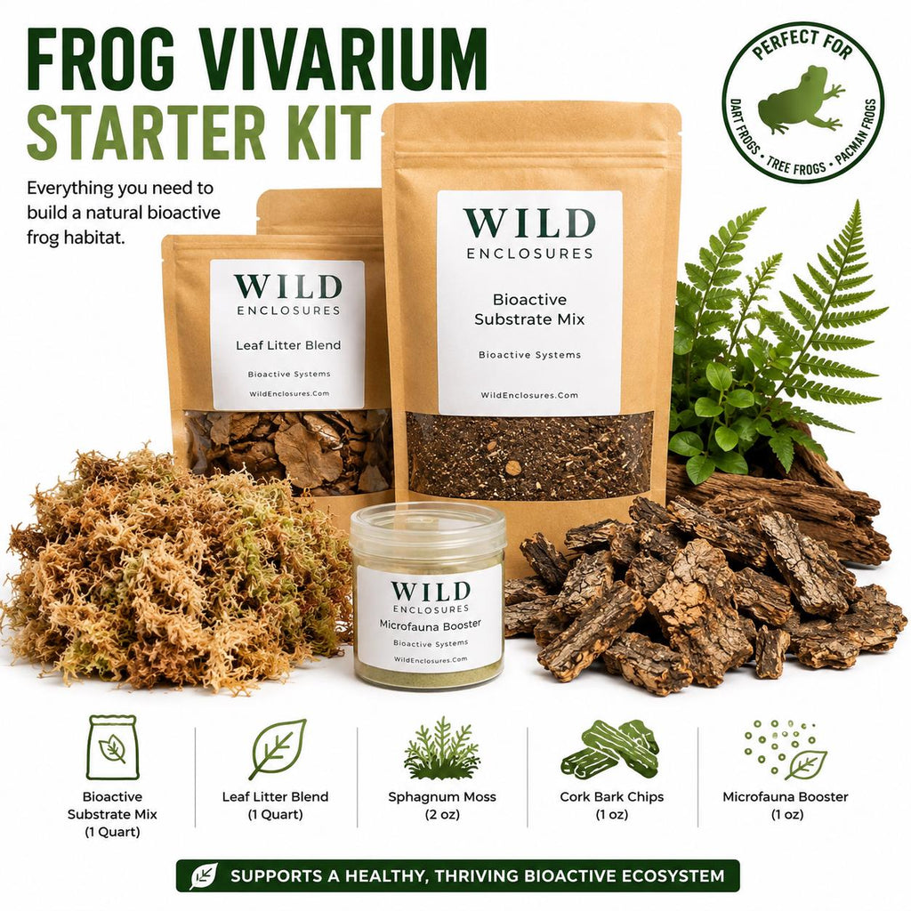 Frog vivarium starter kit with bioactive substrate mix, leaf litter blend, sphagnum moss, cork bark chips, and microfauna booster displayed on a white background. Natural terrarium supplies for dart frogs, tree frogs, pacman frogs, and bioactive enclosures.