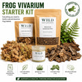 Frog vivarium starter kit with bioactive substrate mix, leaf litter blend, sphagnum moss, cork bark chips, and microfauna booster displayed on a white background. Natural terrarium supplies for dart frogs, tree frogs, pacman frogs, and bioactive enclosures.